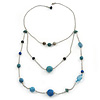 Retro Style Layered Blue Cotton, Acrylic Bead Necklace In Pewter Tone Metal - 74cm L