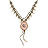 Vintage Inspired Pink enamel Floral Pendant with Bronze Tone Chain Necklace - 40cm L/ 8cm Ext