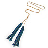 Long Blue Chain Tassel Necklace In Gold Tone Metal - 74cm L/ 19cm L (Tassel)