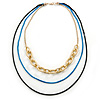 3 Strand, Layered Oval Link, Box Style Chain Necklace In Black/ Light Blue/ Gold Tone - 86cm L