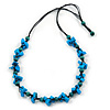 Long Blue/ Teal Wooden Bead Black Cotton Cord Necklace - 80cm L