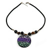 Black Faux Leather Beaded Cord with Green/Purple/Black Shell Pendant Necklace - 50cm L/ 3cm Ext
