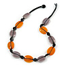 Orange/ Taupe Ceramic Oval Bead with Black Cotton Cord Necklace - 56cm L