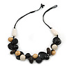 Wood, Ceramic, Cotton Cluster Bead Necklace with Black Cord - 54cm L