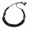 Multicoloured Wood Bead with Brown Cotton Cord Necklace - 70cm L