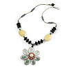 Mother Of Pearl Flower Pendant with Wood/ Resin Bead Chain - 56cm L