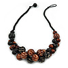 Black/ Brown Cluster Wood Bead With Black Cord Necklace - 54cm L