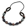 Grey/ Brown Wood Beads with Black Faux Leather Cord Necklace - 70cm L