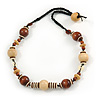 Stylish Brown/ Natural Wood and Acrylic Bead With Black Cotton Cord Necklace - 60cm L