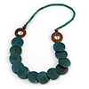 Teal/ Brown Wood Button Bead Necklace - 80cm L