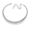 Polished Silver Tone Collar Necklace with Crystal Accent - 34cm L/ 14cm Ext