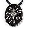 Black Enamel Oval Pendant With Cotton Cord Necklace ( Silver Tone) - 36cm Length