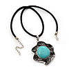 Burn Silver Turquoise Stone Flower Pendant On Leather Cord - 40cm Length