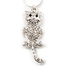 Crystal Cat With Dangling Tail Pendant Necklace In Rhodium Plated Metal - 44cm Length