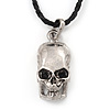 Silver Plated 'Predator Skull' Pendant On Black Leather Style Cord Necklace - 40cm Length & 4cm Extension