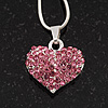Small Pink Crystal Puffed 'Heart' Pendant Necklace In Rhodium Plated Metal - 40cm Length & 4cm Extension