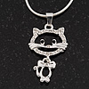 Sweet Open Crystal 'Kitty' Pendant Necklace In Rhodium Plated Metal - 40cm Length & 4cm Extension