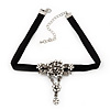 Vintage Diamante 'Rose' Choker Necklace On Black Velour Cord In Silver Finish - 29cm Length with 8cm extension