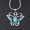 Light Blue Crystal 'Butterfly' Pendant Necklace In Silver Plating - 40cm Length/ 4cm Extension