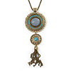 Long Blue Tassel Pendant Necklace In Burn Gold Finish - 70cm Length