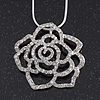 Clear Crystal Open Rose Pendant Necklace In Silver Plating - 38cm Length/ 4cm Extension