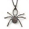 Shimmering Dim Grey Crystal Spider Pendant Necklace In Gun Metal - 60cm Length