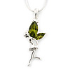 Delicate Peridot Coloured CZ 'Fairy' Pendant Necklace In Rhodium Plating - 42cm Length/ 5cm Extension - August Birth Stone