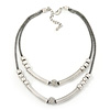 Two Row Bead & Tunnel On Mesh Chain Necklace In Burn Silver Metal - 44cm Length/ 6cm Extension
