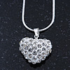 Clear Crystal 3D Heart Pendant On Silver Tone Snake Style Chain - 40cm Length/ 4cm Extention