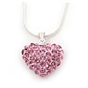 Baby Pink Crystal 3D Heart Pendant On Silver Tone Snake Style Chain - 40cm Length/ 4cm Extention