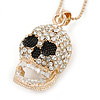 Gold Plated Crystal Skull Pendant with Long Beaded Chain - 76cm L/ 7cm Ext