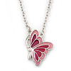 Pink Enamel Butterfly Pendant With Silver Tone Chain - 38cm Length/ 7cm Extension
