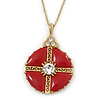 Red Enamel Medallion Pendant With Gold Tone Chain - 40cm L/ 6cm Ext