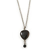 Vintage Inspired Small Black Enamel Heart Pendant With Long Silver Tone Chain - 68cm L/ 8cm Ext