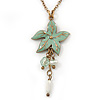 Mint Green Enamel 'Flower' With Beaded Tassel Pendant On Antique Gold Chain - 36cm Length/ 8cm Extension