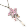 Pink Enamel 'Flower' With Beaded Tassel Pendant On Silver Tone Chain - 36cm Length/ 8cm Extension