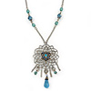 Vintage Inspired Filigree, Crystal Pendant With Light Blue Beaded Chain In Pewter Tone - 44cm Length/ 7cm Extender