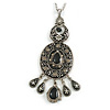 Victorian Style Black Enamel, Floral Charm Pendant With 80cm L Pewter Tone Chain