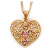 Romantic Filigree Pink Diamante 'Heart' Pendant With Gold Plated Chain - 38cm Length/ 7cm Extension