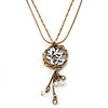 Vintage Inspired Floral Pendant With Beaded Dangles, With 38cm L/ 6cm Ext Double Chain In Antique Gold Tone