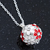 White, Red Enamel, Crystal Flower Ball Pendant With Silver Tone Chain - 40cm Length/ 5cm Extension