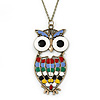 Oversized Multicoloured Enamel Owl Pendant With Long Bronze Tone Chain - 80cm Length