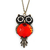Vintage Inspired Black, Red Owl Pendant With Long Bronze Tone Chain - 80cm Length