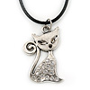 Clear Crystal Cat Pendant With Black Leather Cord In Burnt Silver Tone - 40cm L/ 4cm Ext