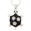 Black Enamel, Crystal Turtle Pendant With Silver Tone Snake Type Chain - 42cm L