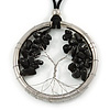 'Tree Of Life' Open Round Pendant with Black Semiprecious Stones on Black Suede Cord - 88cm L