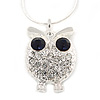 Clear/ Dark Blue Crystal Owl Pendant with Snake Type Chain In Silver Tone Metal - 46cm L/ 4cm Ext