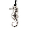 Oversized Silver Tone Seahorse Pendant with Black Leather Cord - 70cm L/ 5cm Ext