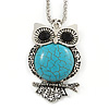 Vintage Inspired Turquoise Style Stone Owl Pendant with Thick Long Chain In Silver Tone - 66cm L/ 3cm Ext