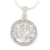 Silver Tone Small Crystal Tree Of Life Round Pendant with Snake Type Chain - 44cm L/ 4cm Ext